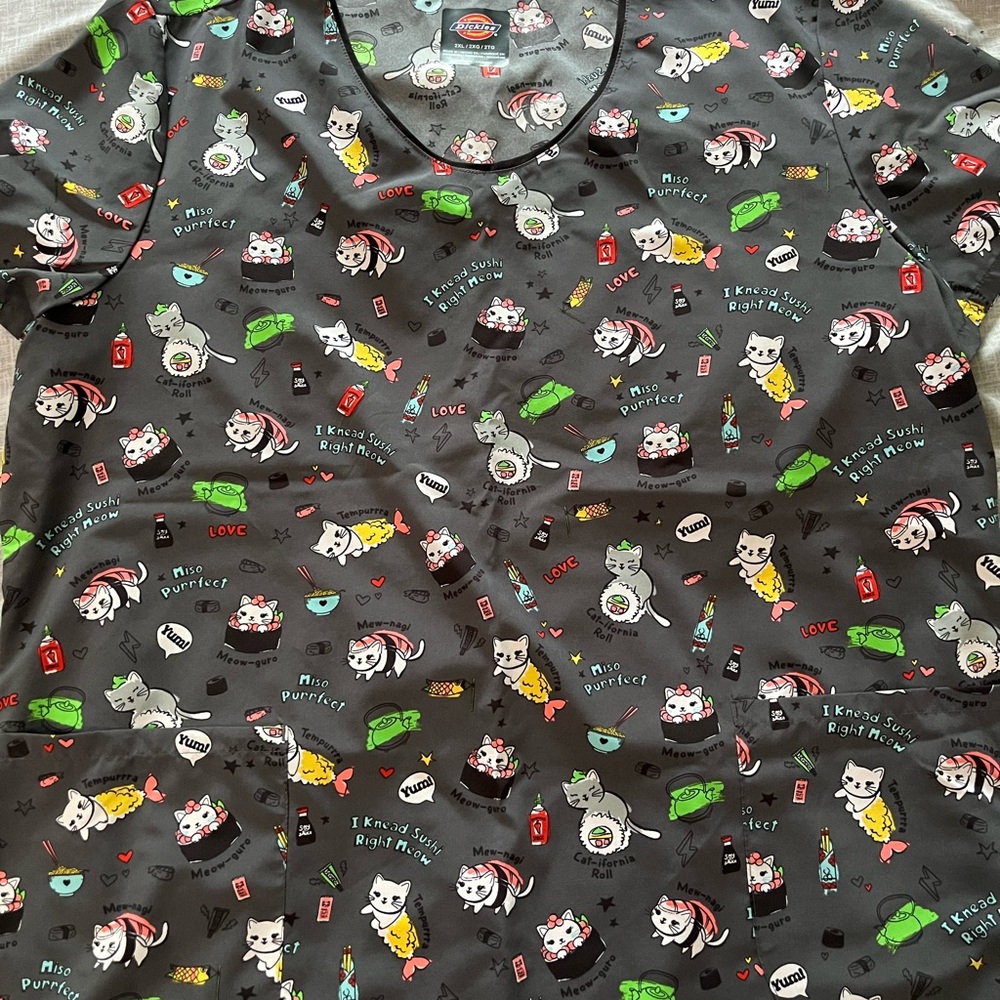 Dickies Charcoal Cat and Sushi Print Scrub Top